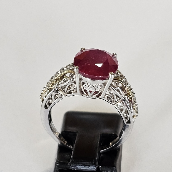 Genuine Niassa Ruby & White Zircon Ring 14k/Platinum over 925 Size 7 Fin… - Picture 5 of 7